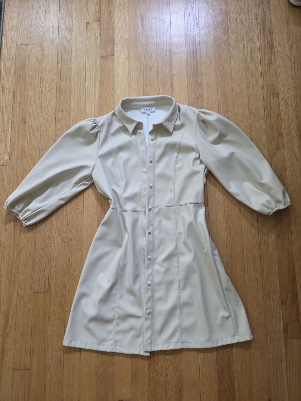 THML Cream Vegan Leather Button-Front Puff-Sleeve Mini Dress